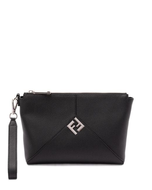 Fendi Black Lui Logo-Plaque Leather Clutch Bag for men