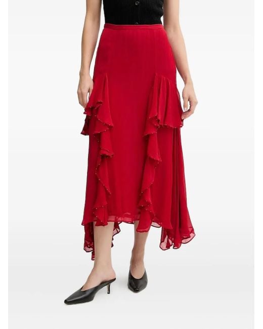 INTROPIA Red Renée Ruffled-Embellished Midi Skirt