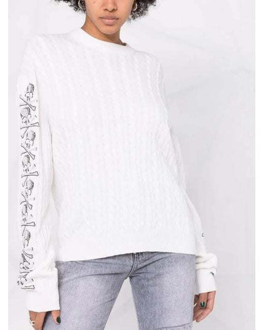 Philipp Plein White Sequin Skull Pullover Jumper