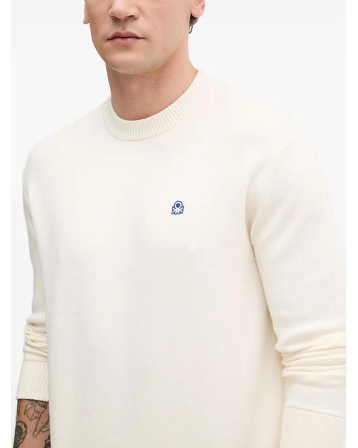 Benetton Natural Logo-Embroidered Ribbed-Trim Sweater for men