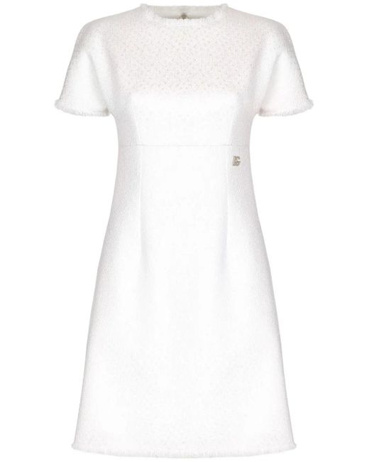 Dolce & Gabbana White Dna Appliqué-Logo Bouclé Mini Dress