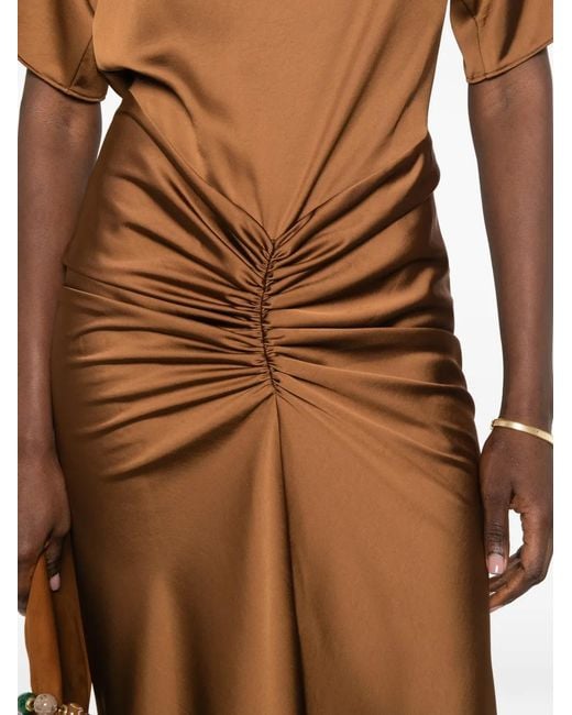 ANDAMANE Brown Iris Ruched Satin-Finish Dress