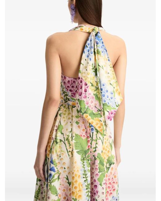 Oscar de la Renta White Floral Pattern Midi Dress