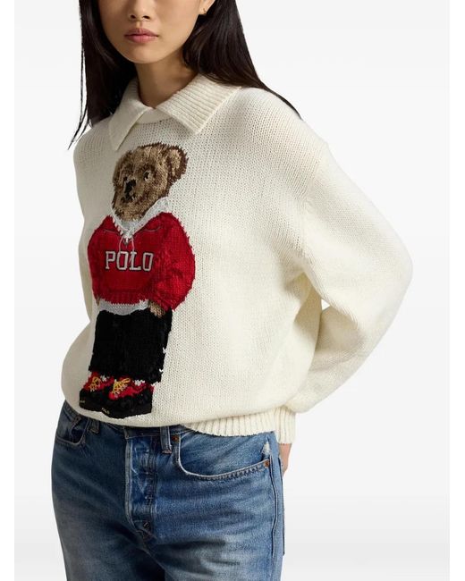 Polo Ralph Lauren White Polo Bear Linen-Cotton Sweater