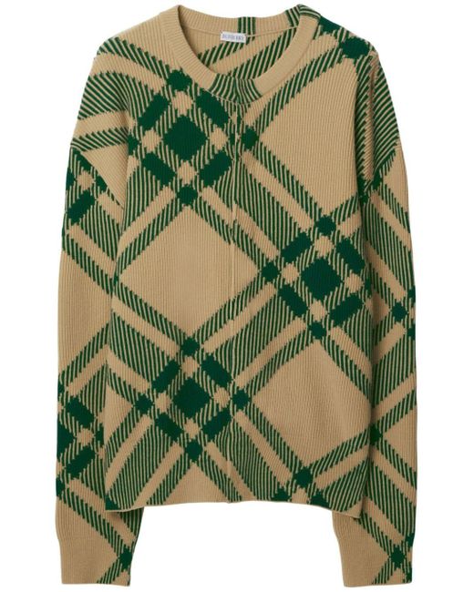 Burberry Green Check-pattern Intarsia-knit Cardigan for men