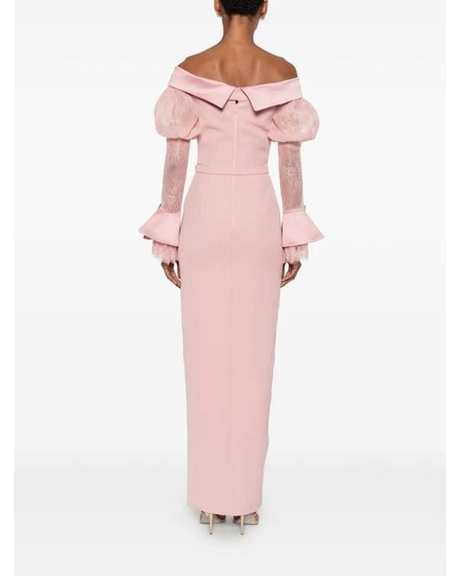 SILK LOVE & LACE Pink Andrea Lace-Panelled Off-Shoulder Maxi Dress