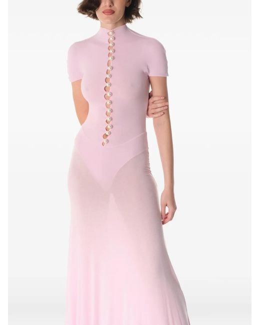 MANURI Pink Button-Detail Mock-Neck Maxi Dress