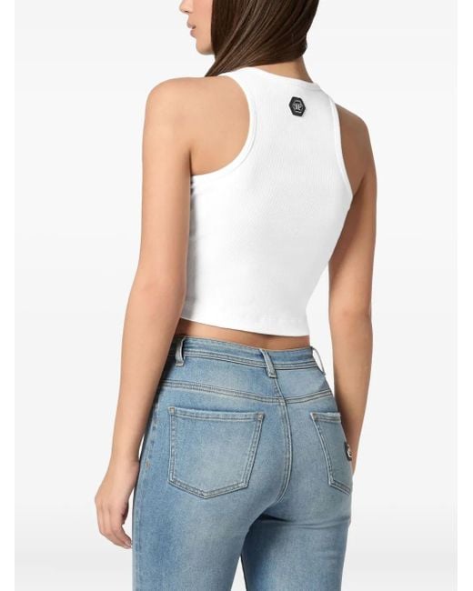Philipp Plein White Cropped Tank Top With Intricate Fringe Detailing