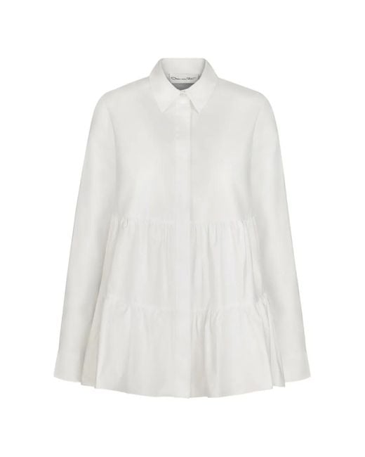Oscar de la Renta White Tiered Cotton Poplin Blouse