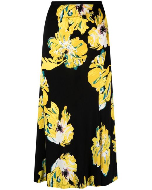 Diane von Furstenberg Yellow Painted Blossom-print Midi Skirt