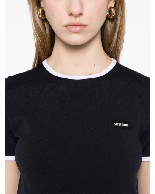 T-Shirt Con Applicazione Logo di Miu Miu in Black