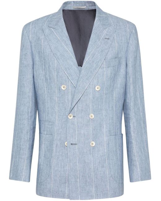 Brunello Cucinelli Blue Stripe-print Linen Blazer for men