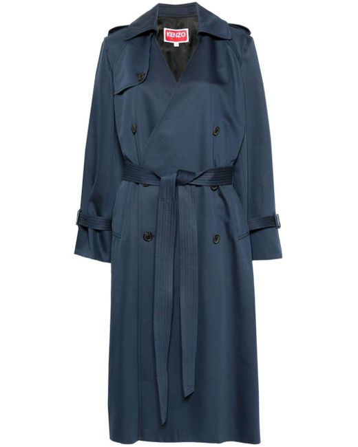 KENZO Blue Double-breasted Belted Trench Coat