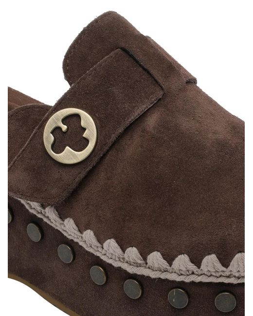 Mou Brown Round-Toe Studded Clogs