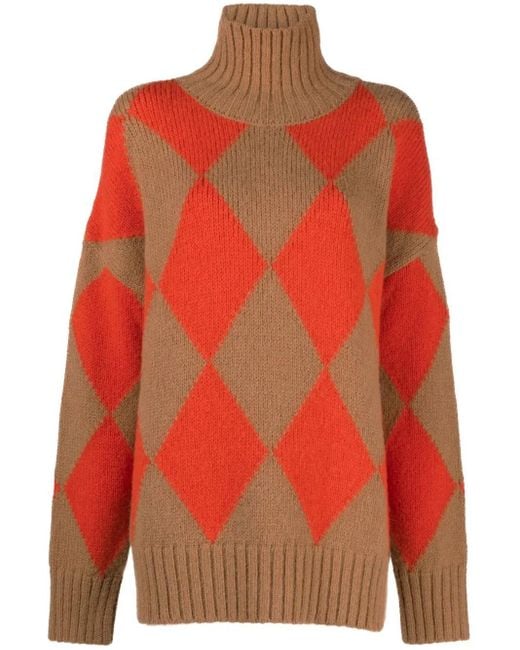 LaDoubleJ Red Argyle High-Neck Jumper