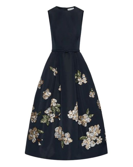 Oscar de la Renta スパンコールトリム フローラル ミディドレス Blue