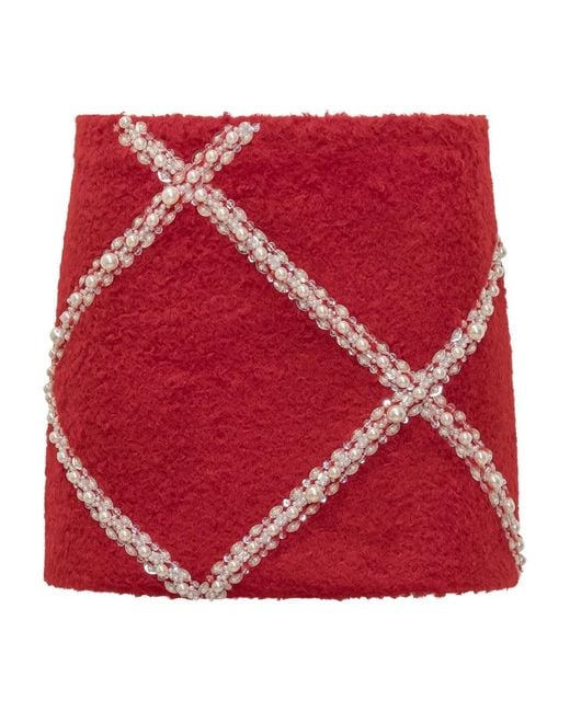 Des Phemmes Red Pearl-Embellished Mini Skirt