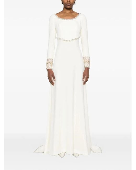 Dina Melwani White Crystal-Embellished Cape-Sleeve Maxi Gown Dress