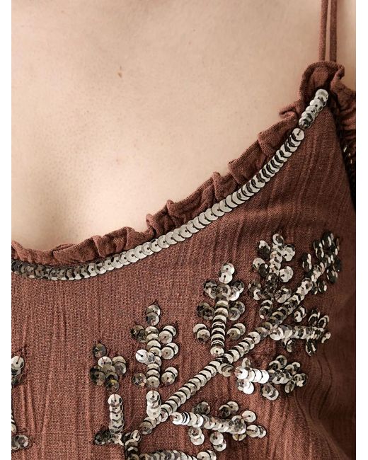 INTROPIA Brown Sequin-Embellished Sleeveless Ruffled Shift Midi Dress
