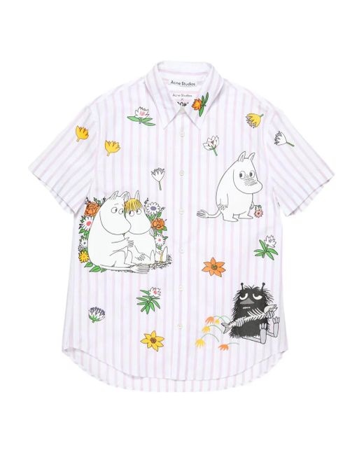 Acne White Gestreiftes Hemd Mit Grafischem Print