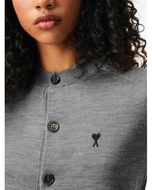 AMI Gray Embroidered Heart Round Collar Short Sleeve Sweater