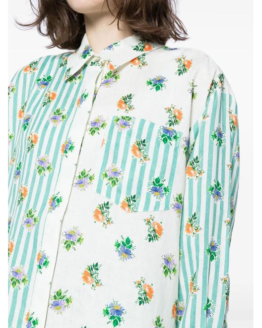 ALÉMAIS Green Floral-Print Striped Linen Shirt