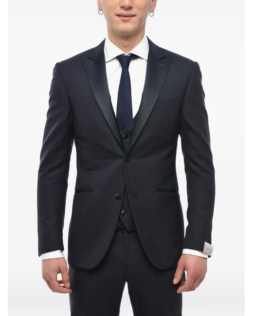 Corneliani Blue Satin Peak-Lapel Three-Piece Suit for men
