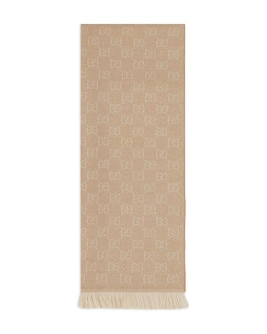 Gucci Natural Gg Jacquard Wool Scarf With Fringed Trim