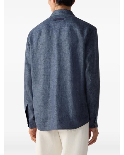 Zegna Blue Refined Regular Fit Shirt With Button Closure And Rounded Hem for men