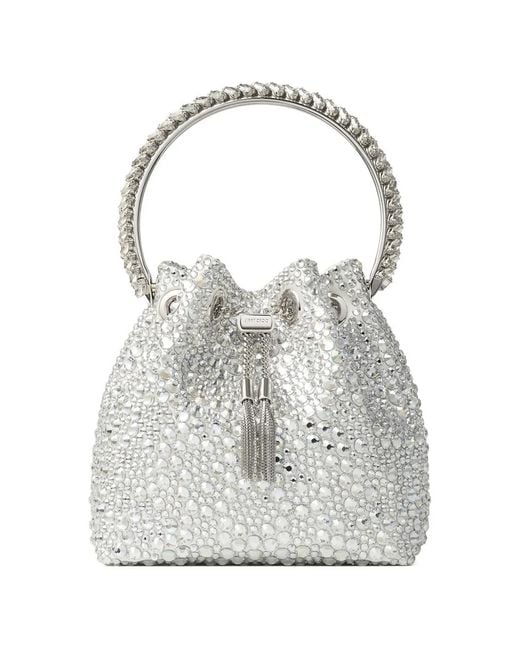 Jimmy Choo White Bon Bon Crystal-Embellished Circle-Handle Bucket Bag