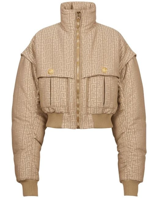 Balmain Natural Monogram Jacquard Cropped Puffer Jacket