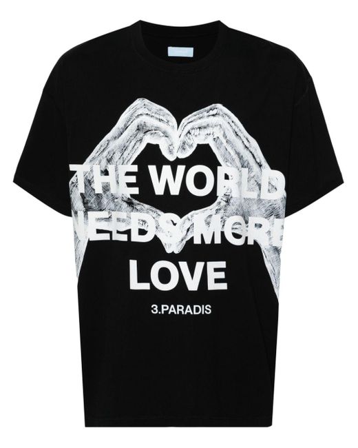 3.PARADIS Black 'twnml' Hands & Heart Cotton T-shirt for men