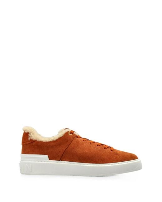 Balmain Brown B-Court Shearling-Trim Sneakers for men