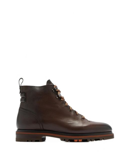Santoni Brown Lace-Up Leather Ankle Boots for men