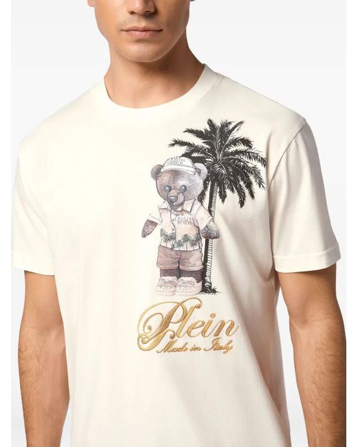 Philipp Plein Natural Teddy Bear-Print Logo-Embroidered T-Shirt for men