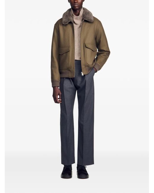 Sandro Brown Shearling-Collar Zip-Up Bomber Jacket for men