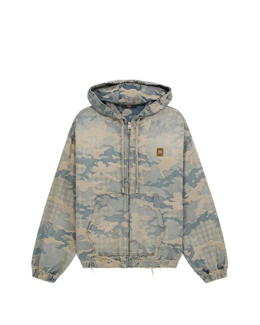 Amiri Gray Camo-Jacquard Denim Zip Hoodie for men