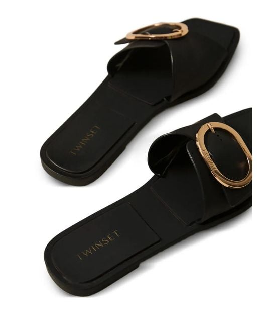 Twinset Black Logo-Print Buckle Flat Sandals