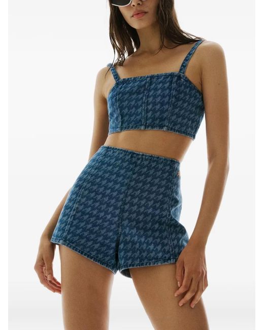 Perfect Moment Blue Houndstooth-Pattern Square-Neck Top
