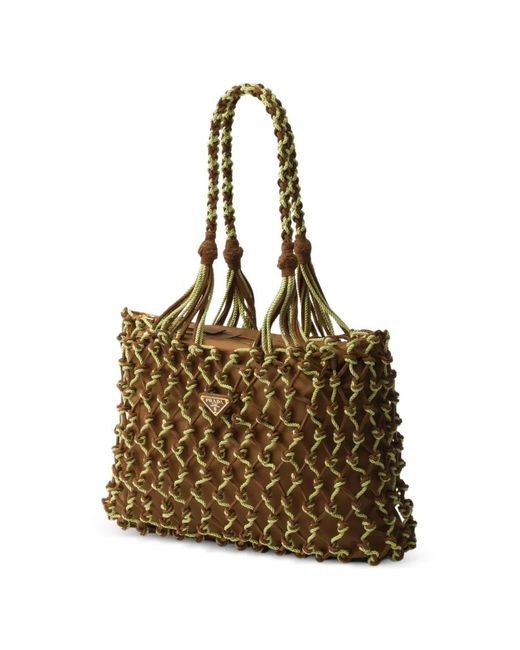 Prada Brown Large Macramé Logo-Plaque Tote Bag