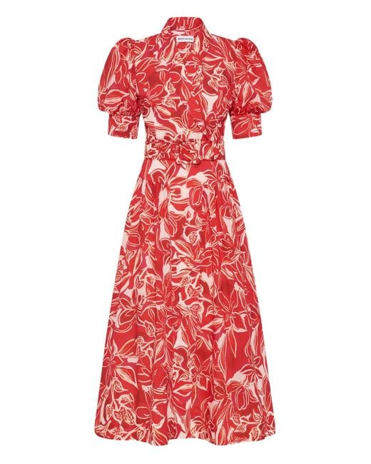 Rebecca Vallance Red Alloure Puff-Sleeve Floral Midi Dress