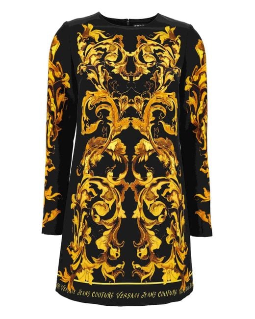 Abito Midi A Maniche Lunghe Con Stampa Barocca di Versace Jeans Couture in Black