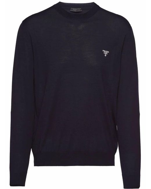 Prada Blue Embroidered-logo Wool Jumper for men