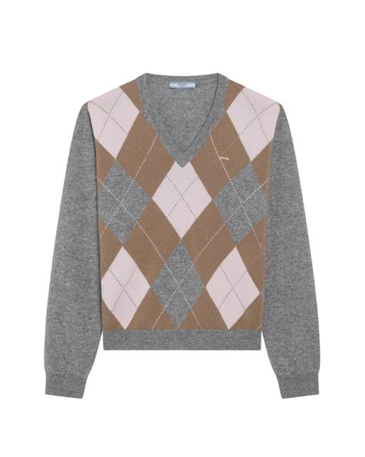Prada Gray Argyle Cashmere V-Neck Sweater