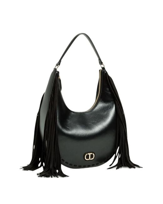Twinset Black Fringe-Detail Shouder Bag