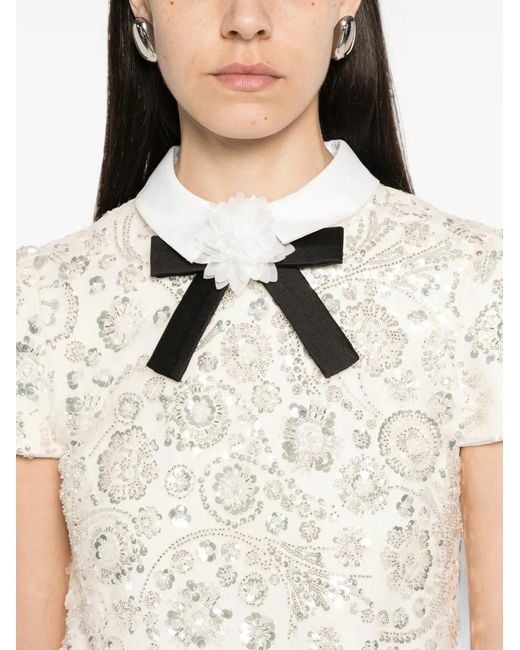 Self-Portrait White Sequin-Embellished Bow-Detail Mini Dress