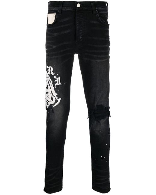Amiri Denim Logo-print Distressed Straight-leg Jeans in Black for Men ...
