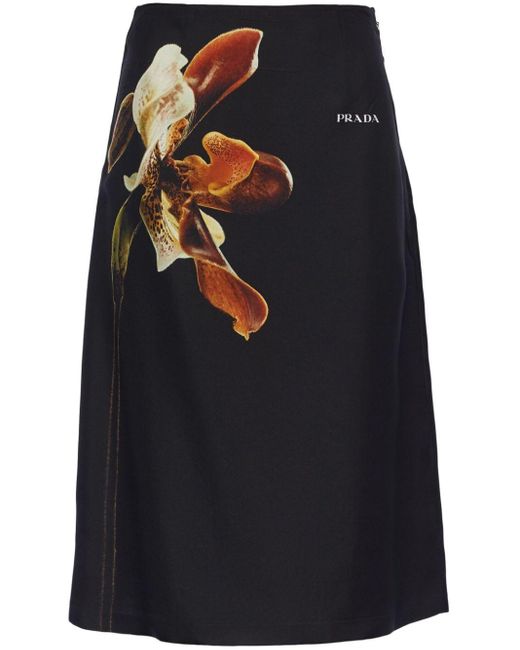 Prada Black Floral-print Silk Midi Skirt