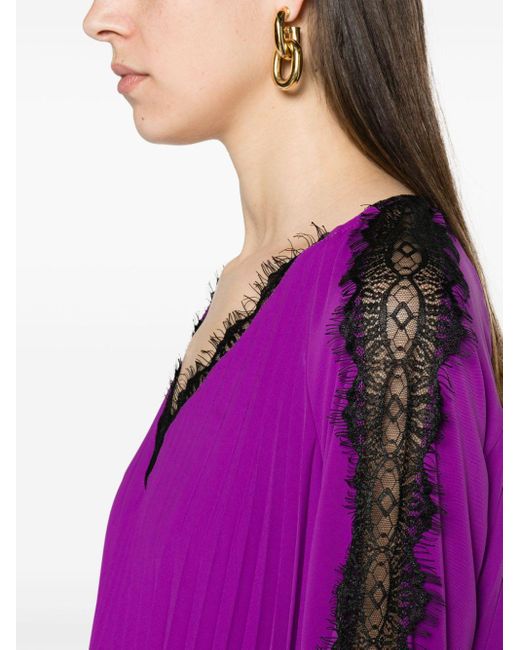 Nissa Purple Lace-trim Pleated Dress