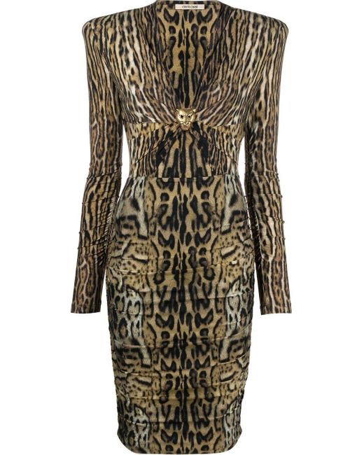 Roberto Cavalli Jaguar Print V-neck Long-sleeve Dress in Brown | Lyst